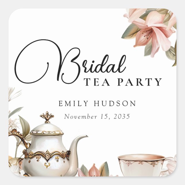 Elegant Tea Party Bridal Shower Square Sticker (Front)