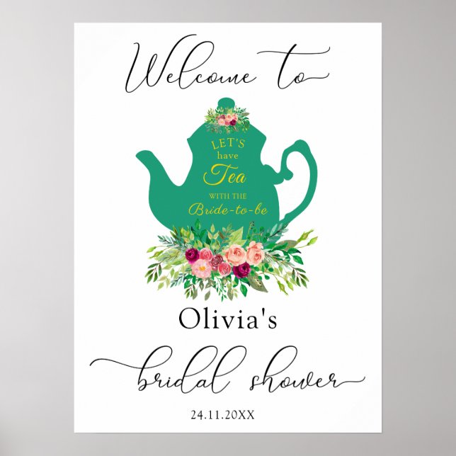 Elegant Tea Party Bridal Shower Welcome Sign (Front)