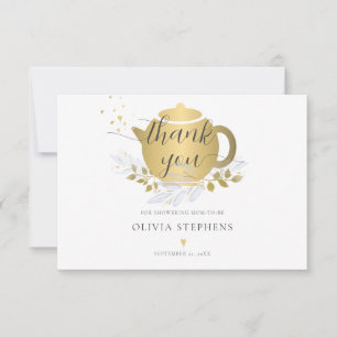 Elegant Tea Party Gold Blue Floral Baby Boy Shower Thank You Card
