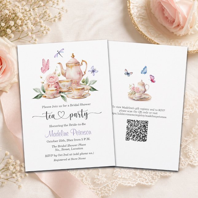 Elegant Tea Party QR Code Butterfly Bridal Shower  Invitation (Creator Uploaded)