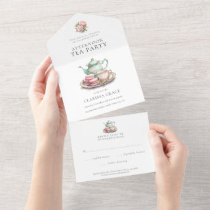 Elegant Tea Party Watercolor All in One All In One Invitation