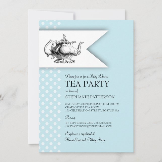 Elegant Tea Polka Dot Boy Baby Shower Tea Party Invitation (Front)
