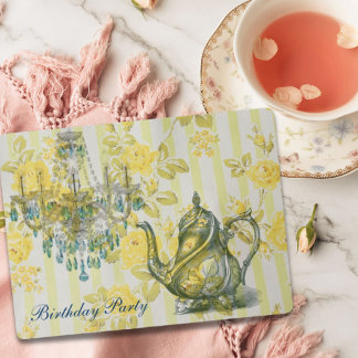 elegant tea pot  vintage floral birthday party invitation