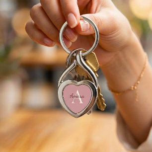 Elegant Tea Rose Pink Monogram Name Heart  Key Ring