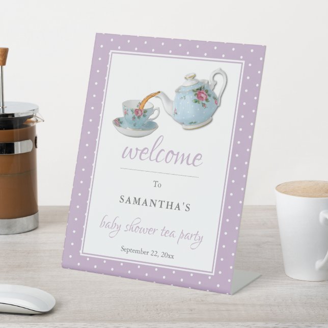 Elegant Teacups Baby Shower Tea Party Welcome Pedestal Sign (In SItu)