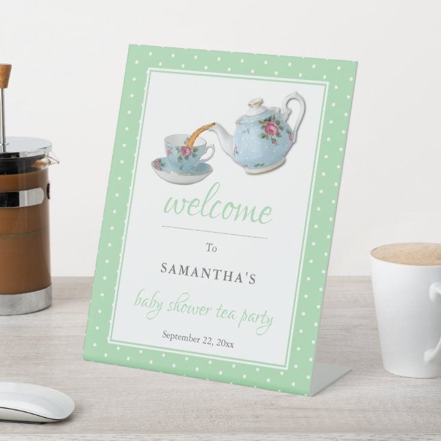 Elegant Teacups Baby Shower Tea Party Welcome Pedestal Sign (In SItu)