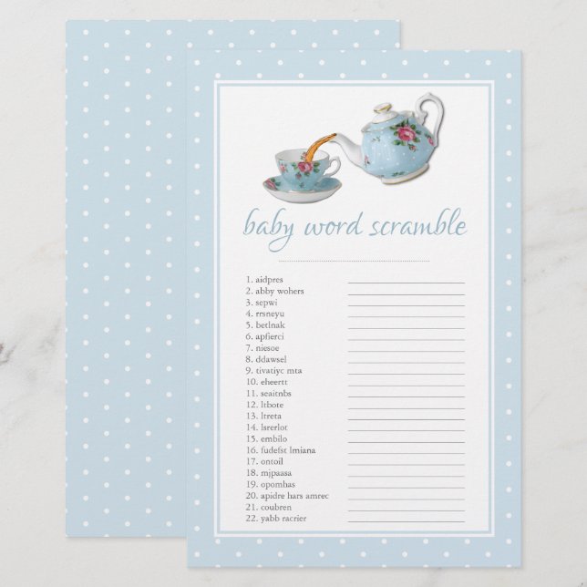 Elegant Teacups Baby Shower Tea Party Word Screabl (Front/Back)
