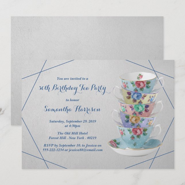 Elegant Teacups Birthday Tea Party Invitation (Front/Back)