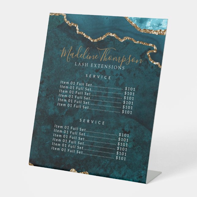 Elegant Teal Agate Geode Marble Services Price Pedestal Sign (Front)