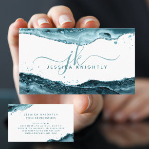 Elegant Teal Agate Glitter Monogram Script Business Card