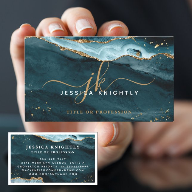 Elegant Teal Agate Gold Glitter Script Monogram Business Card (Creator Uploaded)