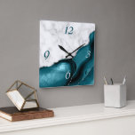 Elegant Teal Agate Silver Glitter Marble Square Wall Clock<br><div class="desc">Elegant modern white marble and teal agate trimmed with faux silver glitter combine in this luxurious square wall clock. The numbers 3 and 6 appear in light gray on the teal agate background,  while the numbers 9 and 12 appear in dark teal on the white marble.</div>