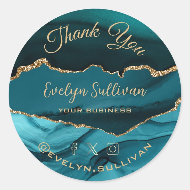 elegant teal agate thank you classic round sticker (Front)