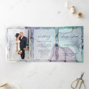 Elegant Teal Amethyst Abstract Ink Tri-Fold Invitation