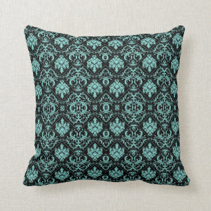 Elegant Teal and Black Damask Patterns Cushion