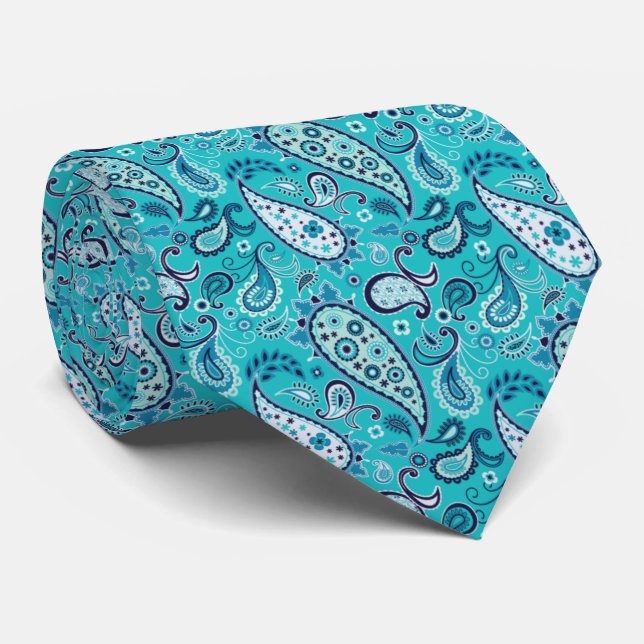 Elegant Teal and Blue Floral Paisley Tie (Rolled)