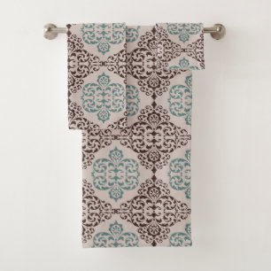 Elegant Teal and Brown Damask Pattern on Beige Bath Towel Set