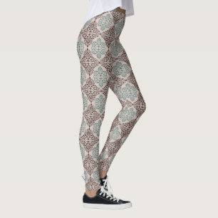 Elegant Teal and Brown Damask Pattern on Beige Leggings