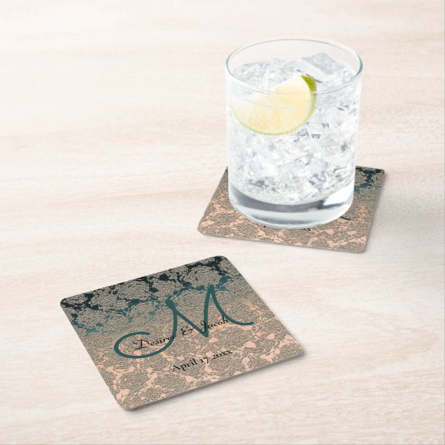 Elegant Teal And Champagne Wedding Theme Monogram Square Paper Coaster (Insitu)