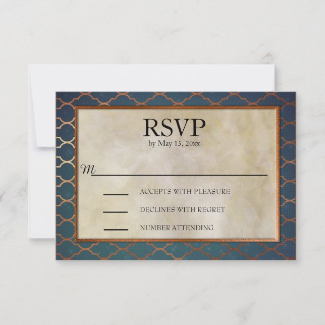 Elegant Teal and Copper Wedding RSVP Card (Front)
