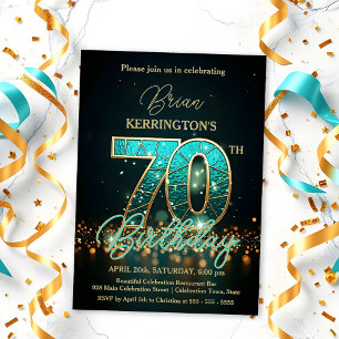 Elegant Teal and Gold 70th Birthday Celebration Invitation