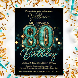 Elegant Teal and Gold 80th Birthday Celebration Invitation