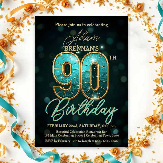 Elegant Teal and Gold 90th Birthday Celebration Invitation (Creator Uploaded)