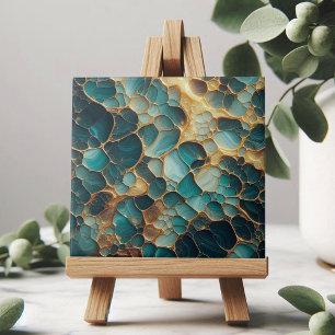 Elegant Teal and Gold Abstract Organic Tile