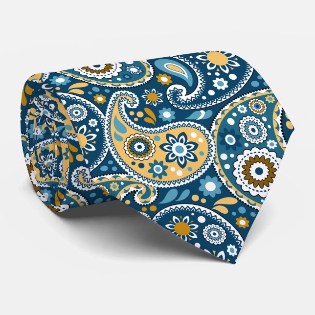 Elegant Teal and Gold Boho Chic Paisley Print Tie (Rolled)