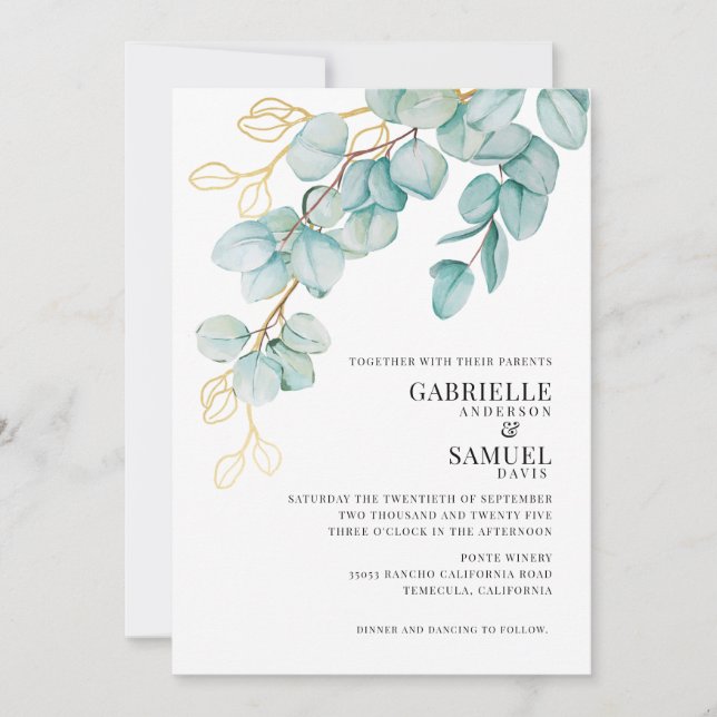 Elegant Teal and Gold Eucalyptus Wedding Invite (Front)