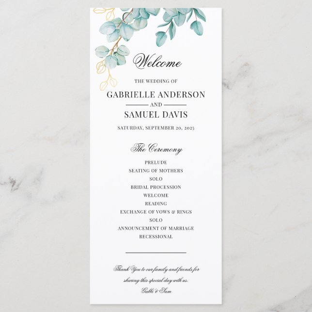 Elegant Teal and Gold Eucalyptus Wedding Program Programme (Front)