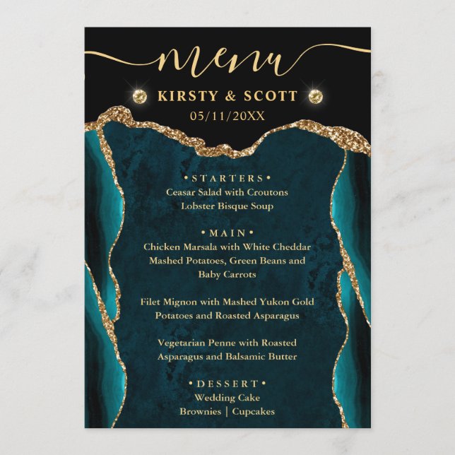 Elegant Teal and Gold Faux Glitter Agate Wedding Menu (Front)