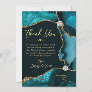 Elegant Teal and Gold Faux Glitter Agate Wedding Thank You Card
