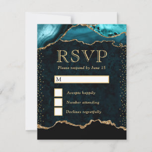 Elegant Teal and Gold Faux Glitter Marble Agate RSVP Card