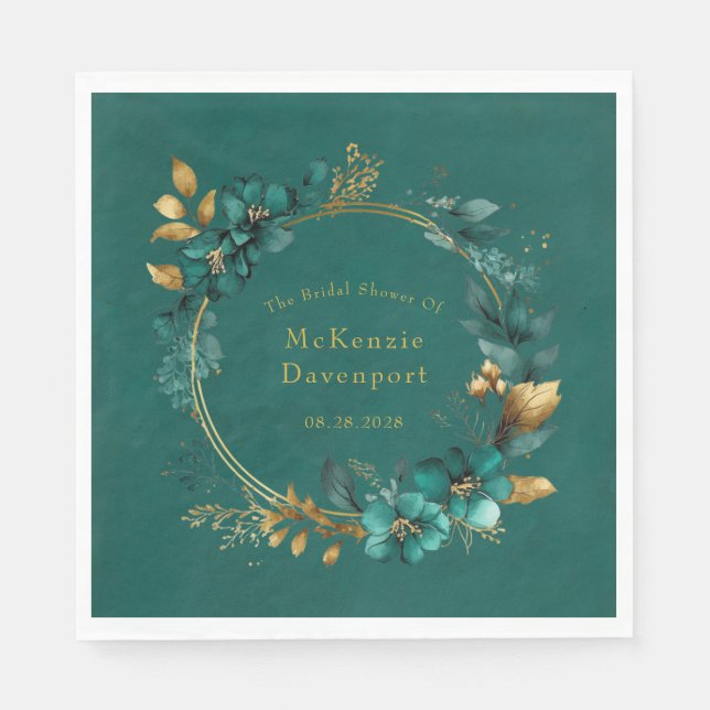 Elegant Teal and Gold Floral Bridal Shower Napkins (Front)