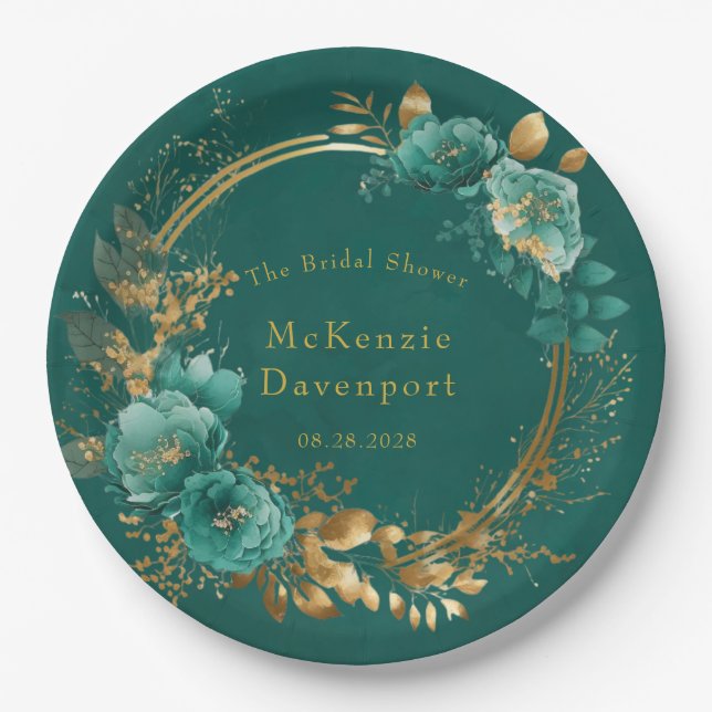 Elegant Teal and Gold Floral Bridal Shower Paper Plate (Front)