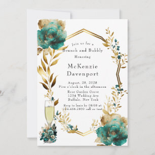 Elegant Teal and Gold Floral Brunch and Bubbly Inv Invitation