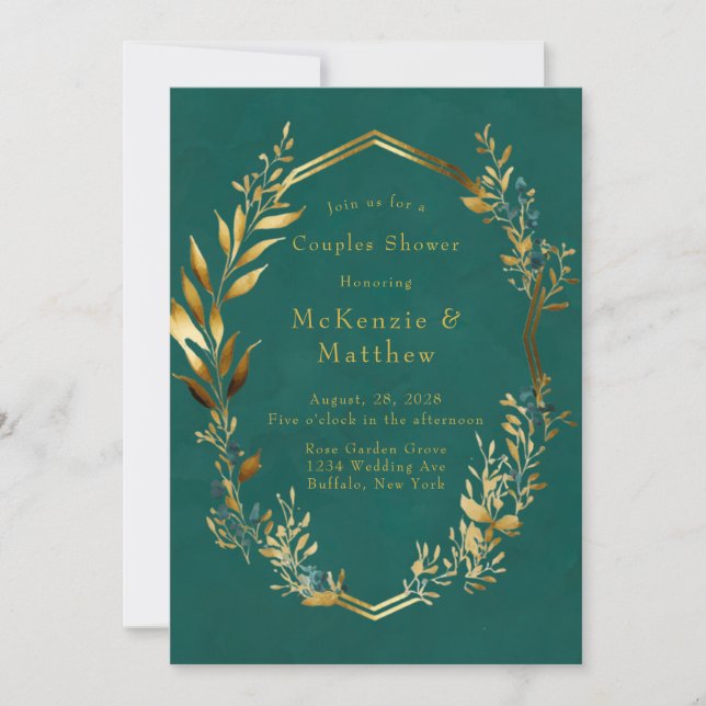Elegant Teal and Gold Floral Couples Shower Invitation (Front)