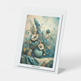 Elegant Teal and Gold Floral Still Life Pedestal Sign