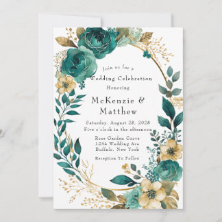 Elegant Teal and Gold Floral Wedding Celebration I Invitation