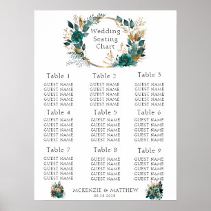 Elegant Teal and Gold Floral Wedding Seating Chart