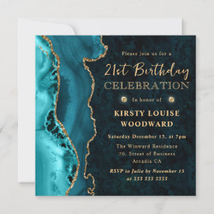 Elegant Teal and Gold Glitter Agate 21st Birthday Invitation