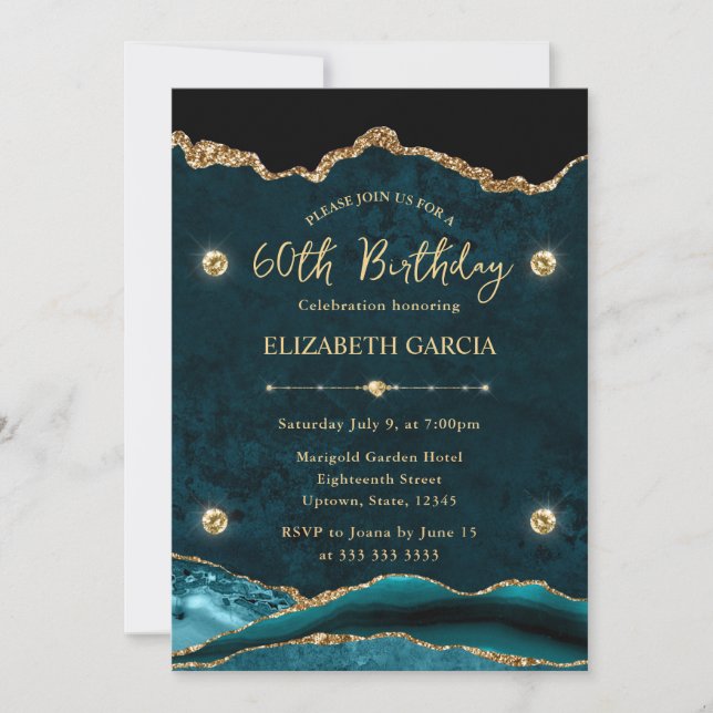 Elegant Teal and Gold Glitter Agate 60th Birthday Invitation (Front)