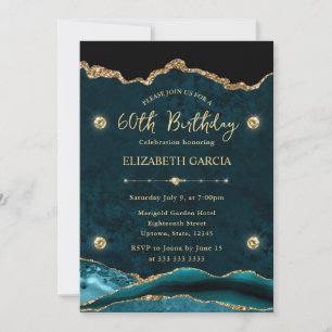 Elegant Teal and Gold Glitter Agate 60th Birthday Invitation