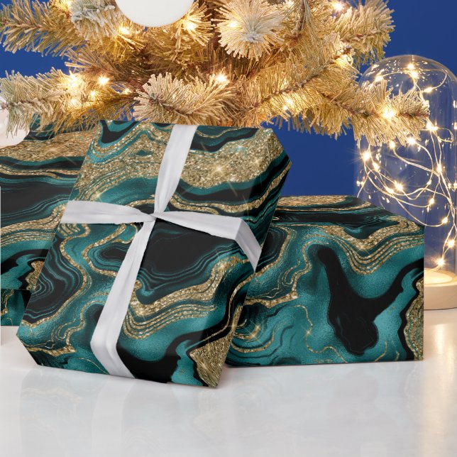 Elegant Teal and Gold Glitter Agate Birthday Wrapping Paper (Holidays)