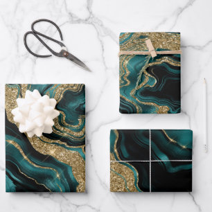 Elegant Teal and Gold Glitter Agate Birthday Wrapping Paper Sheet