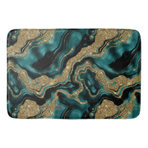Elegant Teal and Gold Glitter Agate Pattern Bath Mat