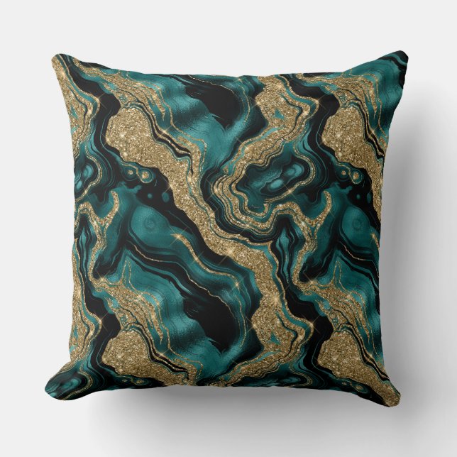 Elegant Teal and Gold Glitter Agate Pattern Cushion (Front)