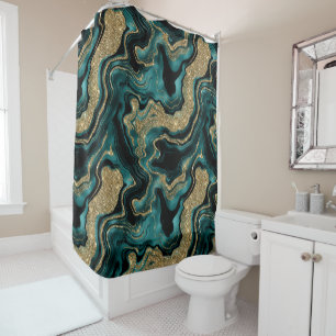 Elegant Teal and Gold Glitter Agate Pattern Shower Curtain
