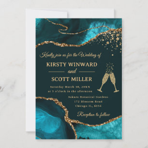 Elegant Teal and Gold Glitter Agate Wedding Invitation